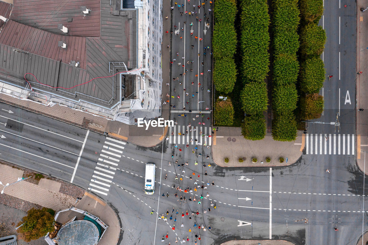 Aerial view of the people running marathon.