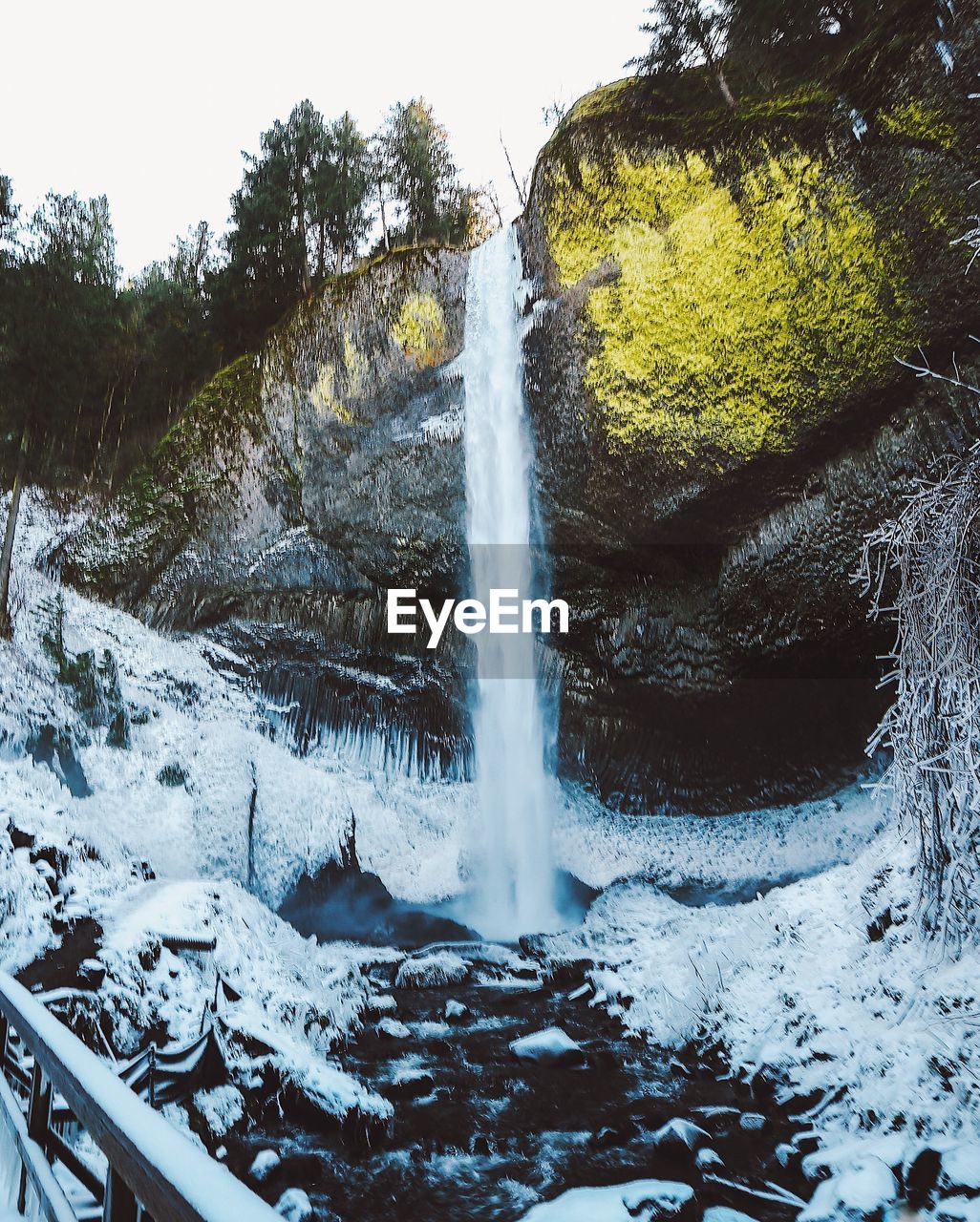 Scenic view of waterfall in forest during winter