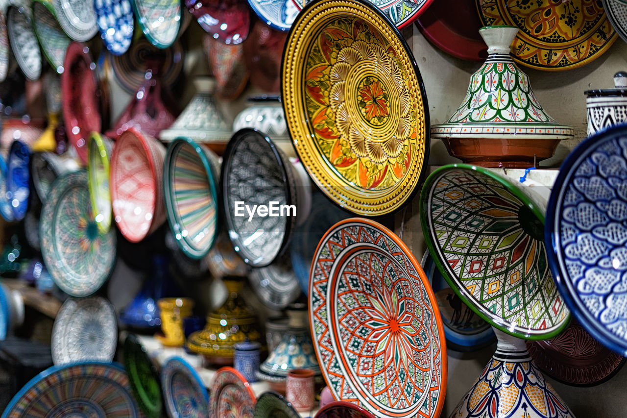 Ceramic plates and handmade bowl in marrakech's souk