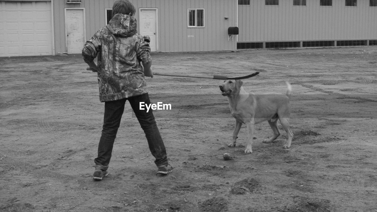 Playful dog and boy standing on field