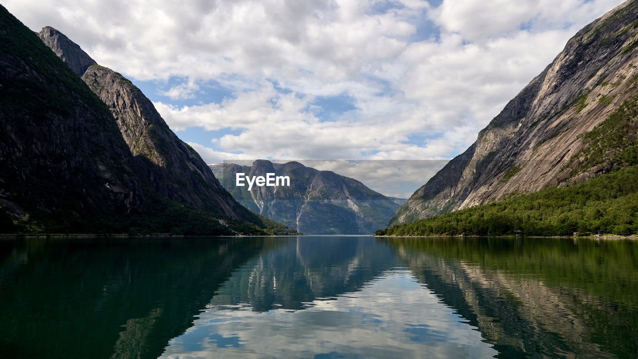 Scenic view of lake and mountains against sky