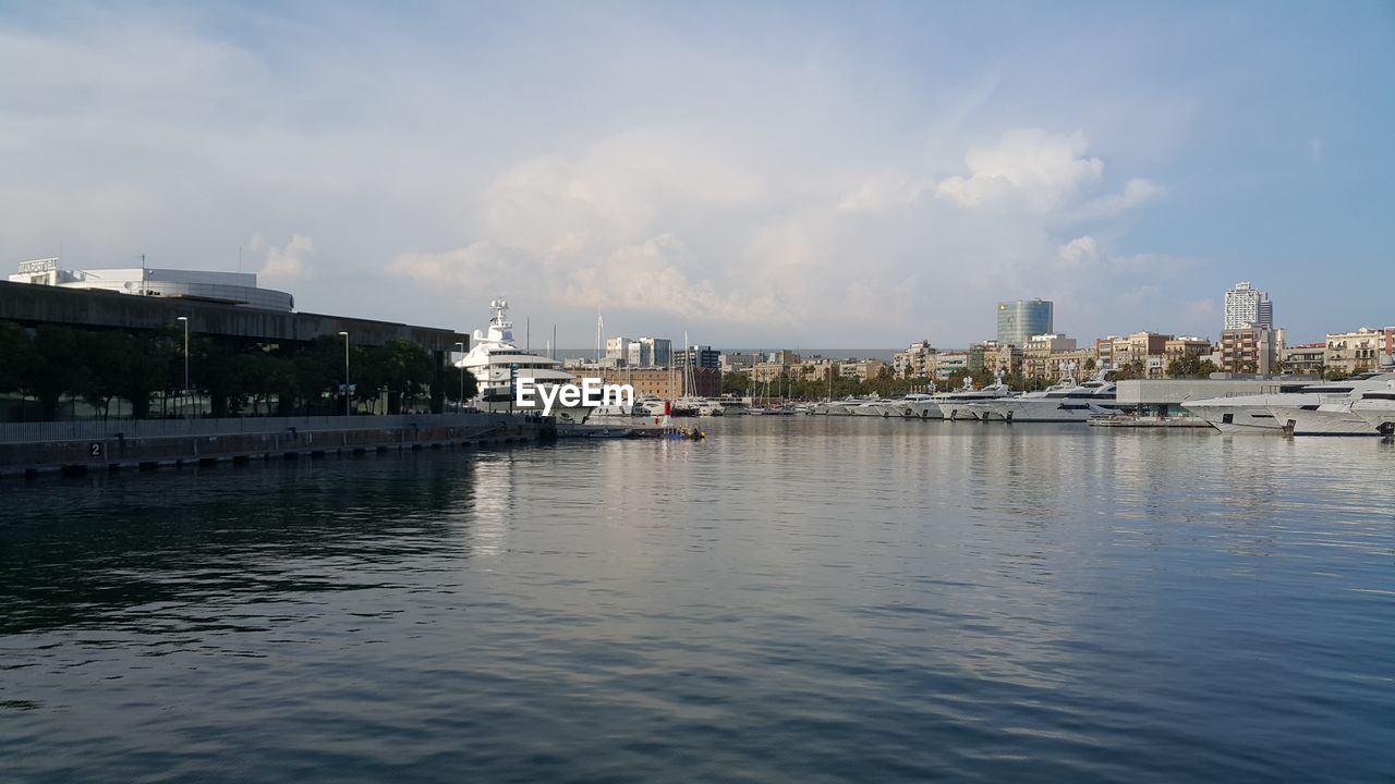 BOATS MOORED IN RIVER WITH CITY IN BACKGROUND