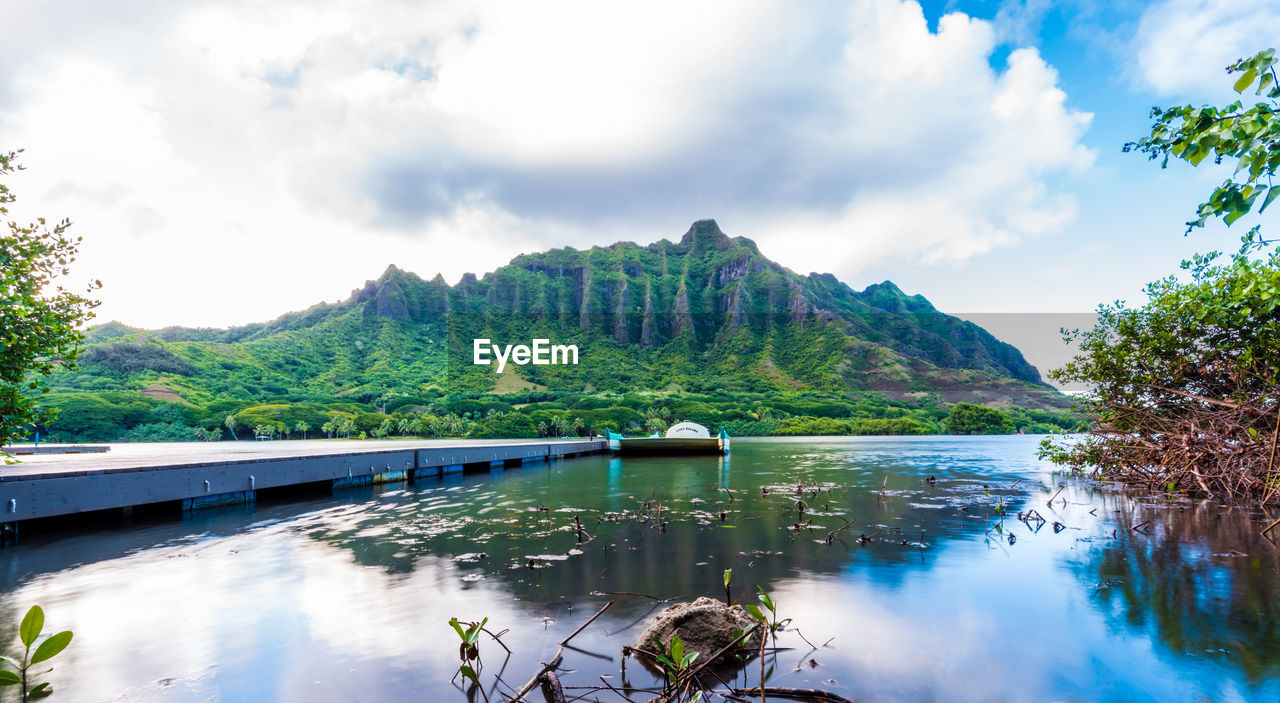 Scenic view of lake and mountains against sky