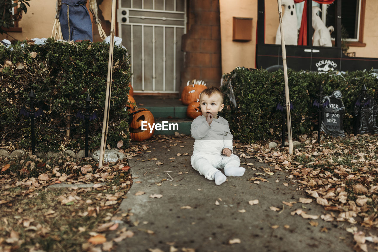 Adorable toddler boy dressed up as mummy on halloween trick-or-treat