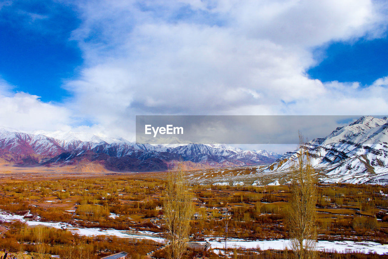 Scenic view of snowcapped mountains against sky