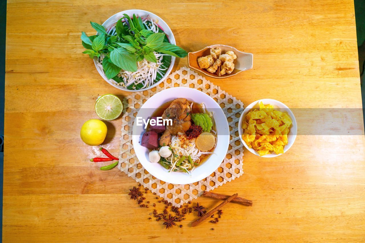 high angle view of food served on table