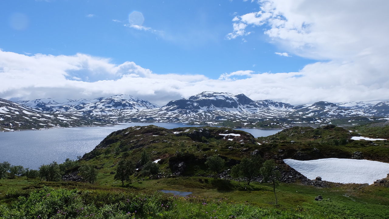 Scenic view of mountains against cloudy sky