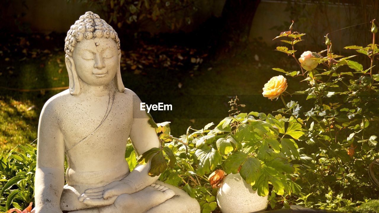Statue of smiling buddha against plants