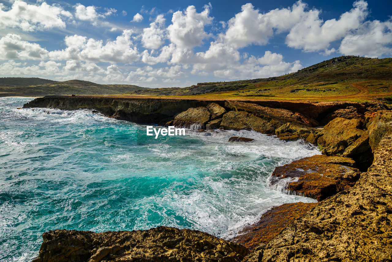 A view of aruba's stony coast and the caribbean sea