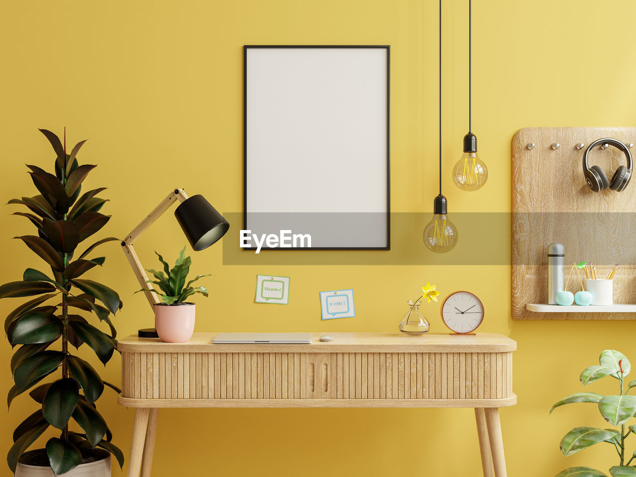 Mockup frame on work table in living room interior on empty yellow wall background.3d rendering