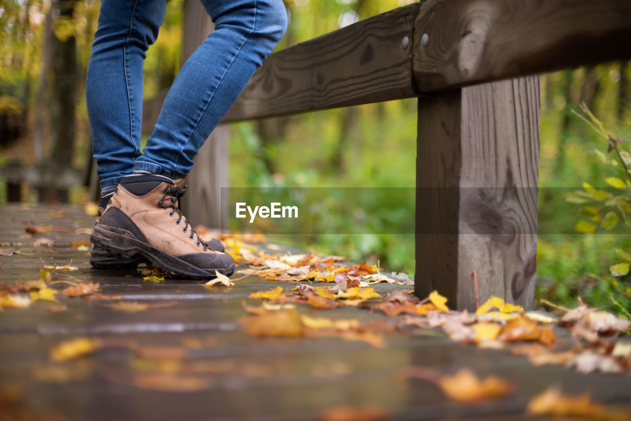 LOW SECTION OF WOMAN WEARING AUTUMN LEAVES