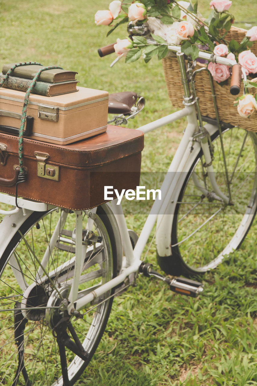 Close-up of bicycle on field