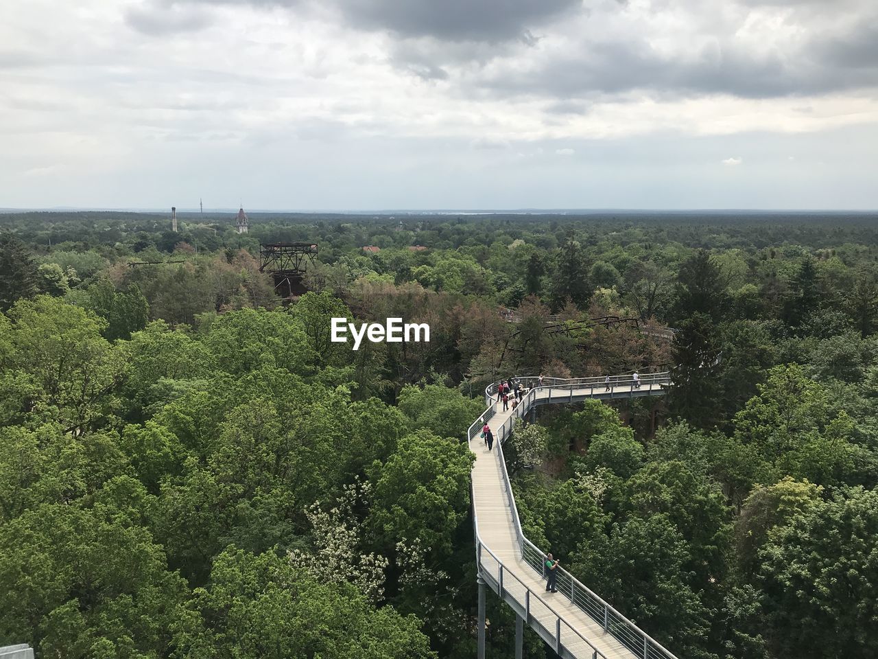 High angle view of plants and trees against sky with sky walk in tree crowns