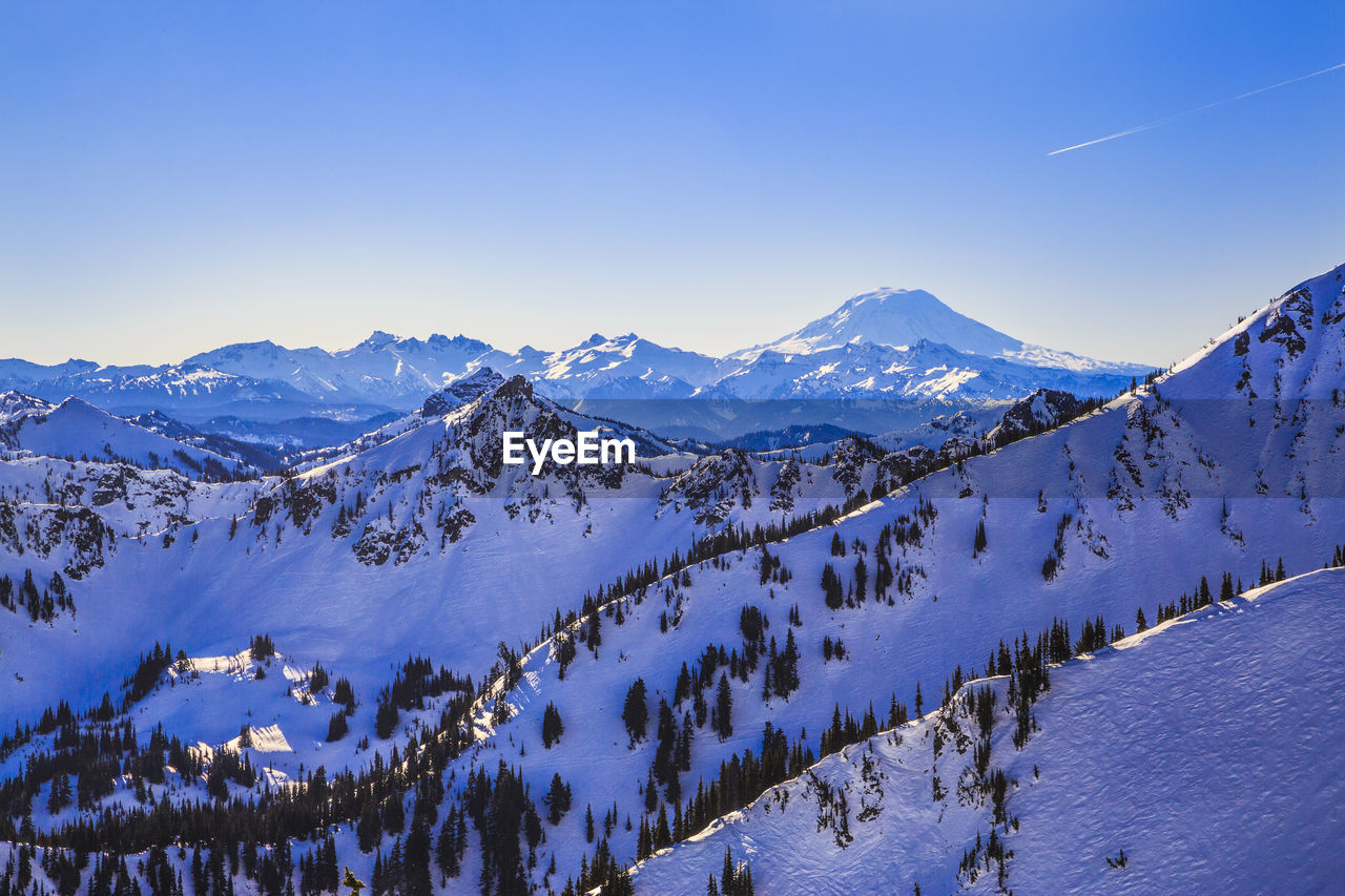 Scenic view of mountains against sky during winter