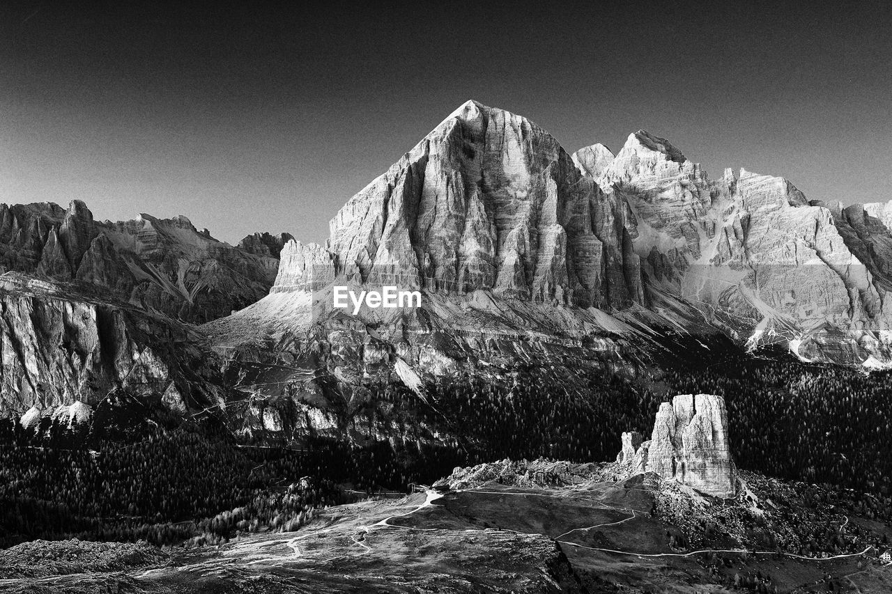Scenic view of rocky mountains against clear sky
