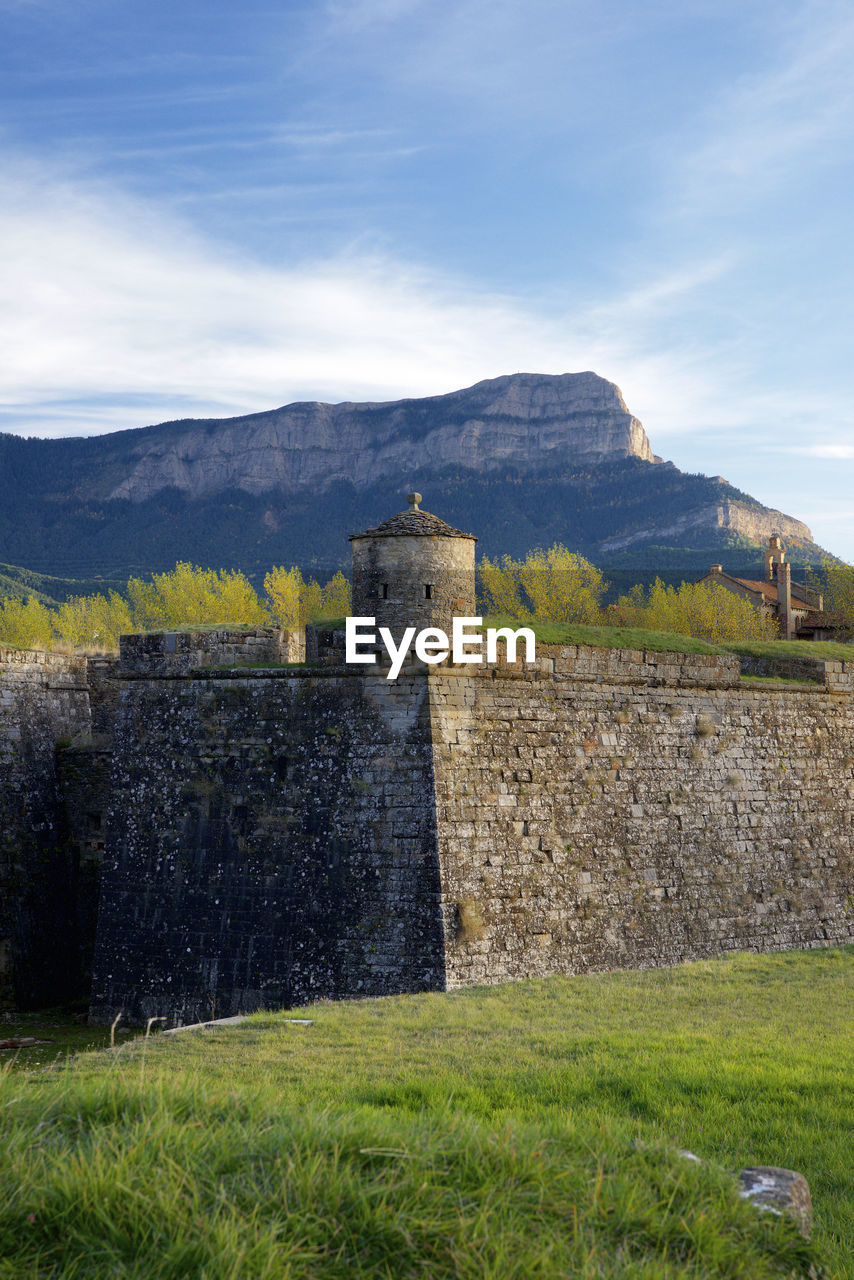 Exterior view of ciudadela castle in jaca city, pyrenees, huesca province, aragon in spain.