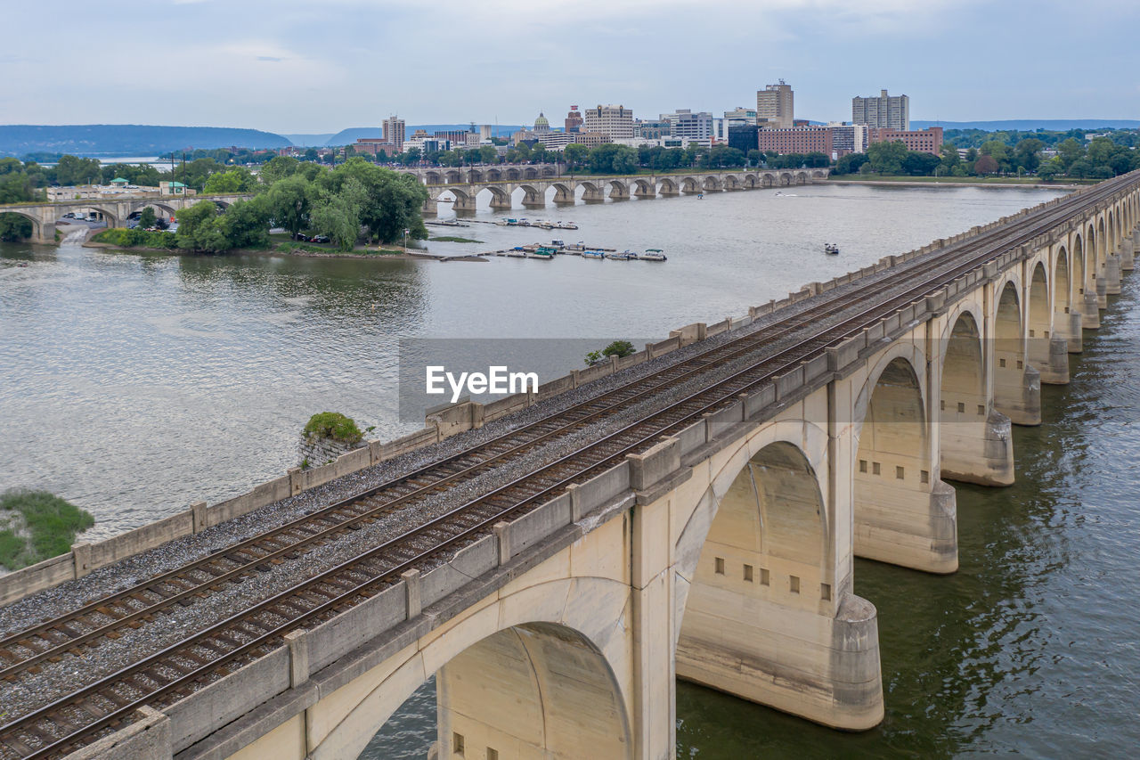 Bridge over river by buildings in city against sky