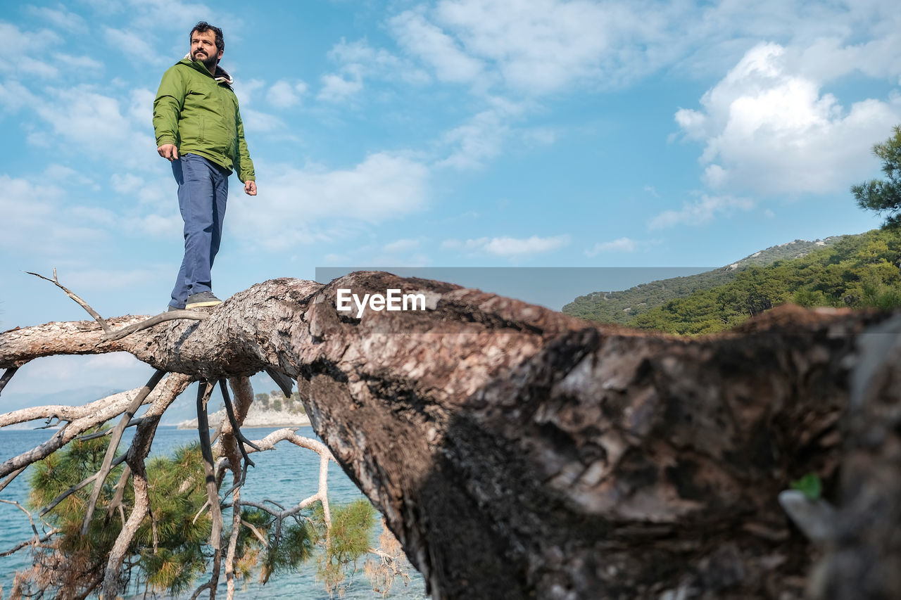 Frontal view of man standing on tree against sky