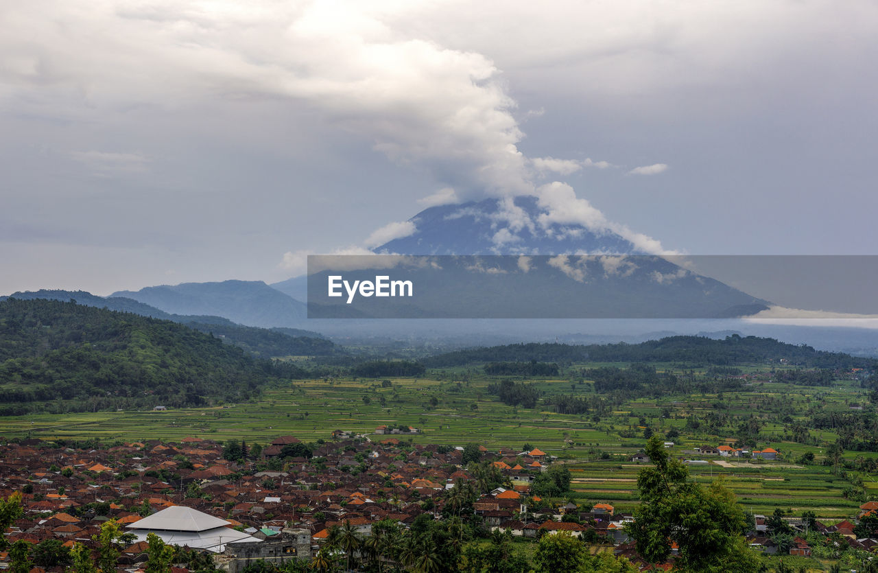 View of volcanic activity of the biggest volcano in bali  - mount agung, indonesia