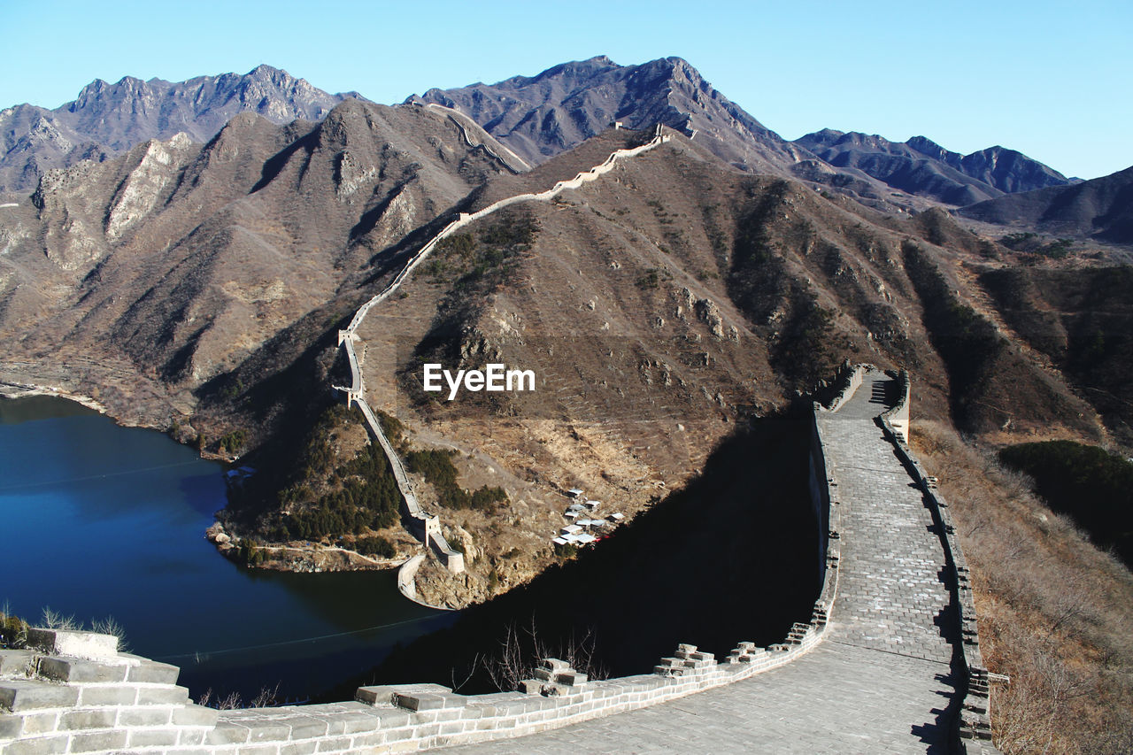 Scenic view of mountains by the great wall of china