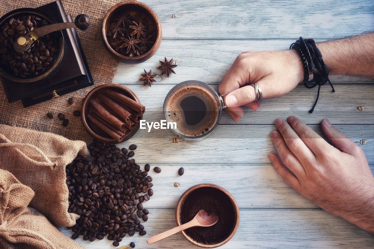 High angle view of coffee cup on table