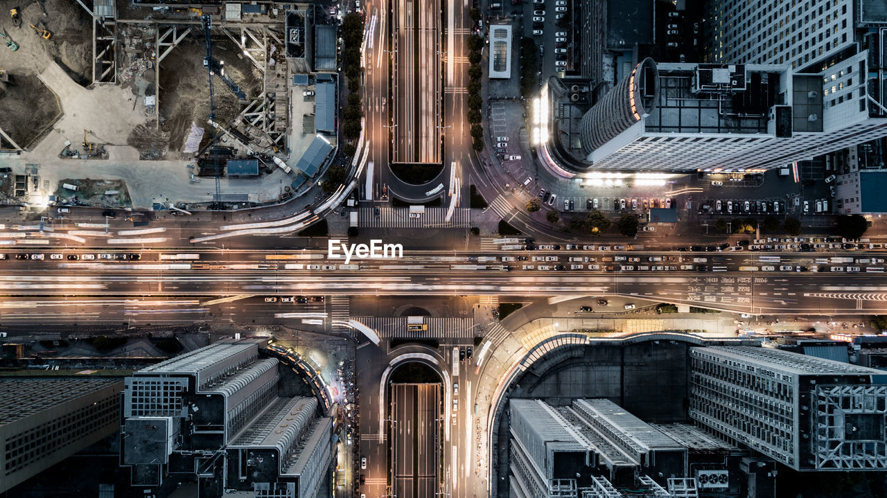 Aerial view of illuminated city at night