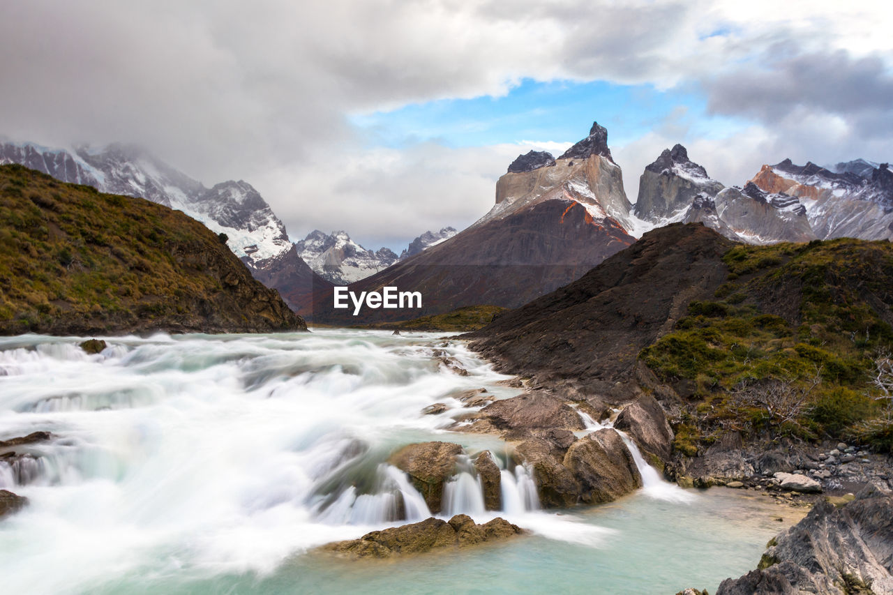 Scenic view of mountains against cloudy sky