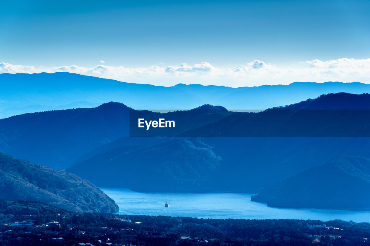 Scenic view of mountains against sky with lake in midground.