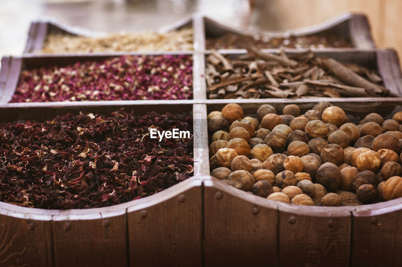 Large selection of different spices on the market, close-up