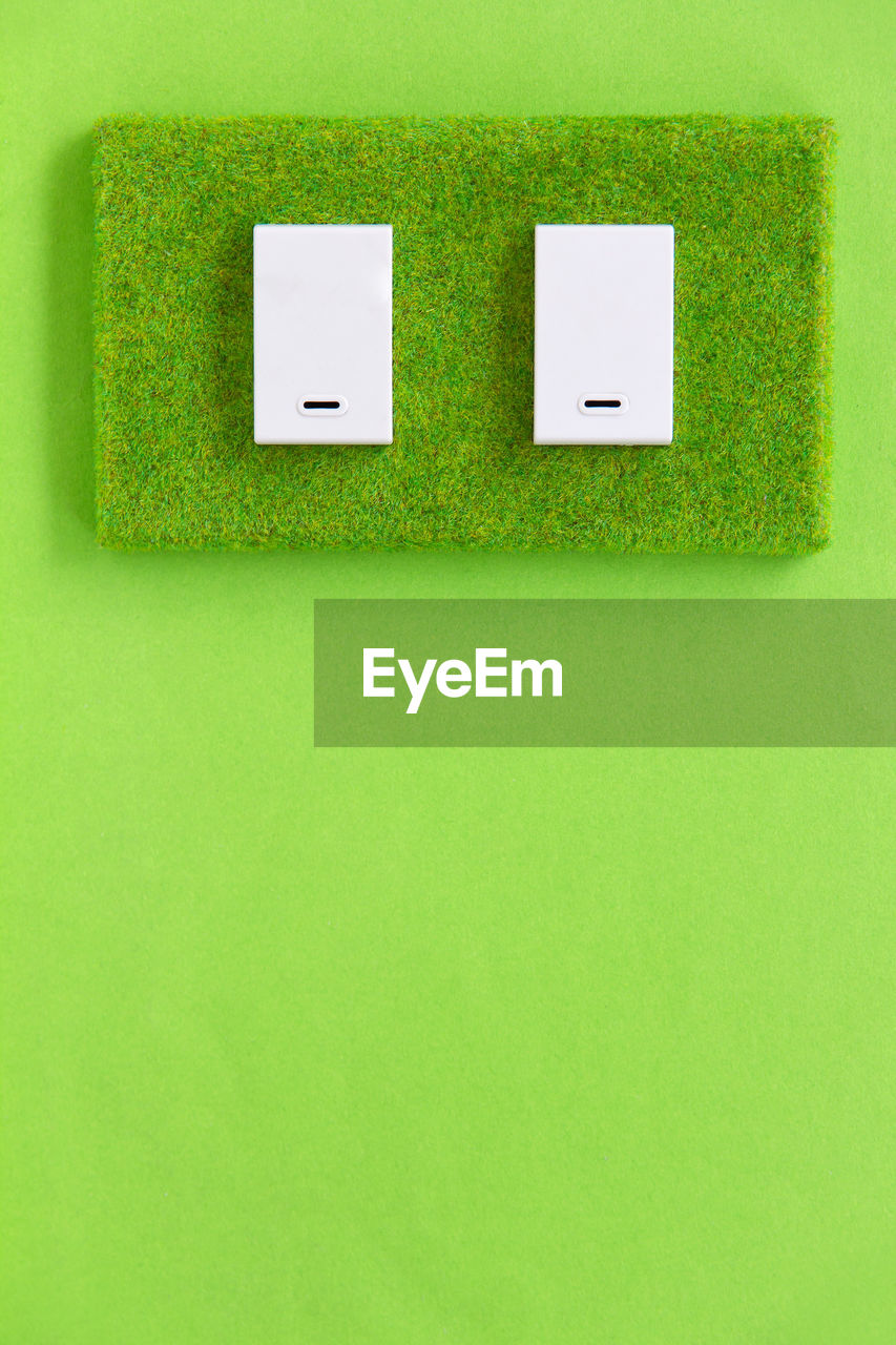 Close-up of switch on grass wall