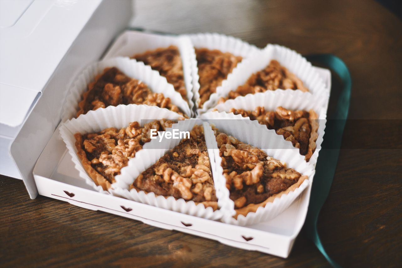 High angle view of pastry in plate on table