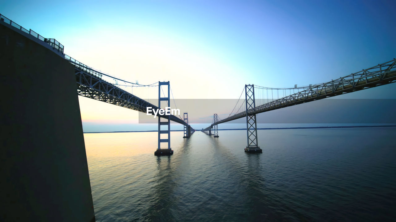 water, sky, bridge, architecture, built structure, transportation, nature, sea, reflection, suspension bridge, travel destinations, engineering, travel, beauty in nature, city, blue, tourism, scenics - nature, outdoors, clear sky, tranquility, horizon, copy space, dusk, tranquil scene, sunset, sunlight, horizon over water, silhouette, mode of transportation, urban skyline, cloud