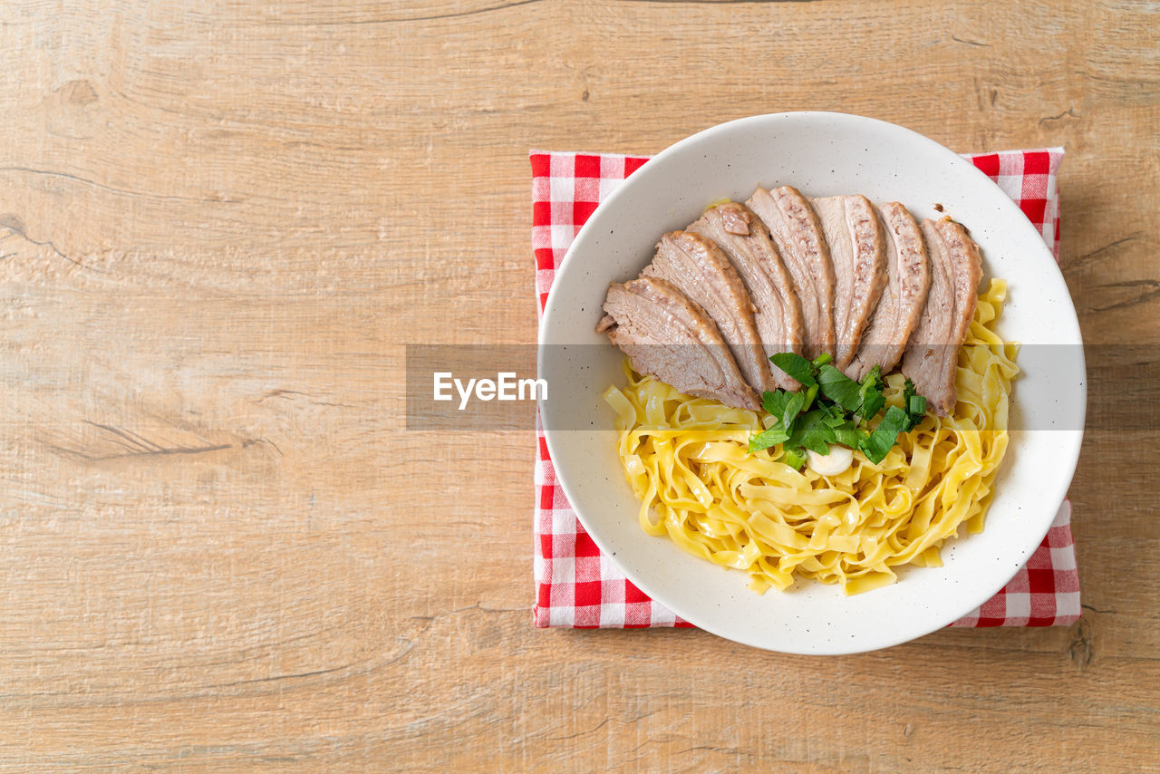 high angle view of food served in plate on table