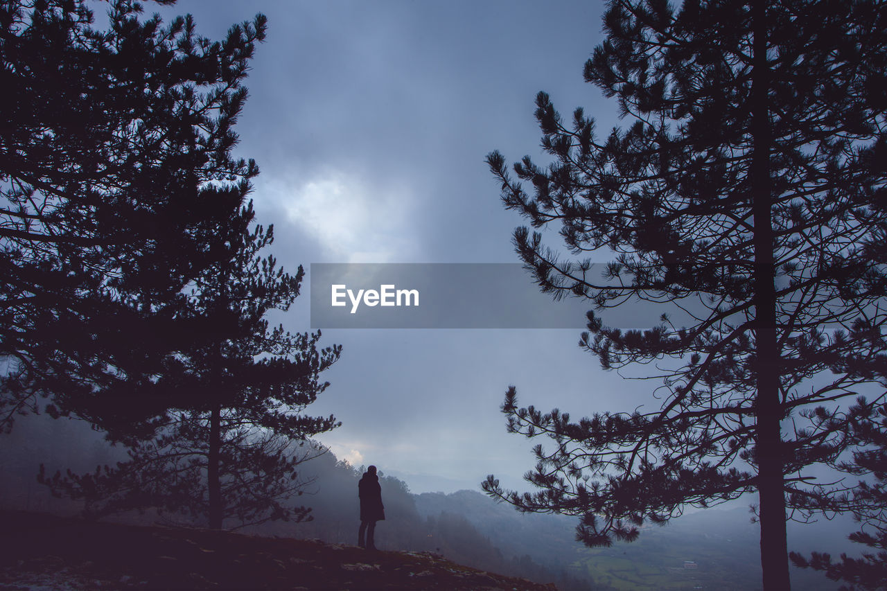 Silhouette man amidst silhouette tree on mountain against cloudy sky