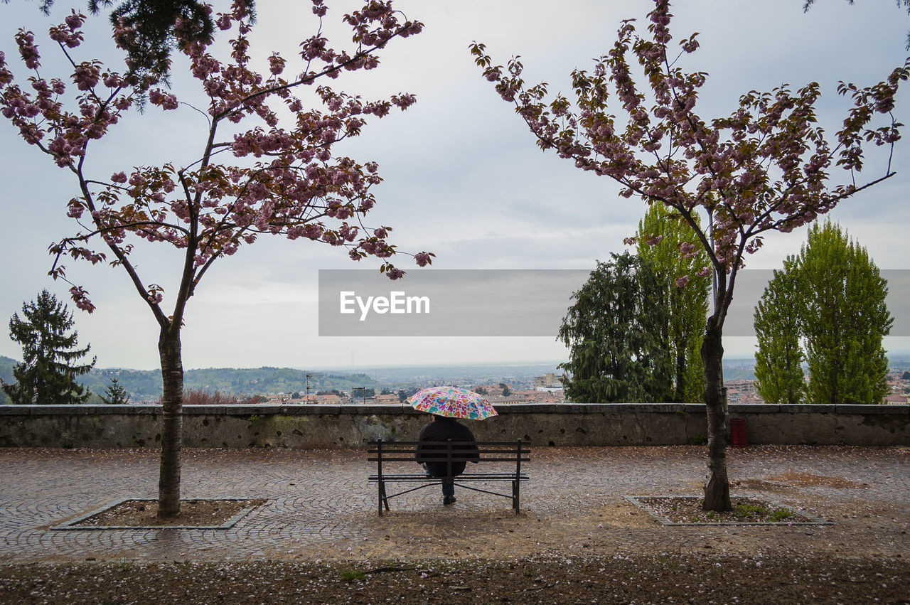 A man finds peace while admiring the city accompanied by the sound of rain on his umbrella.