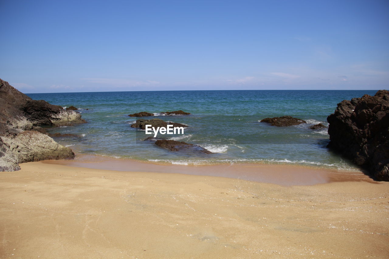 SCENIC VIEW OF ROCKY BEACH AGAINST SKY