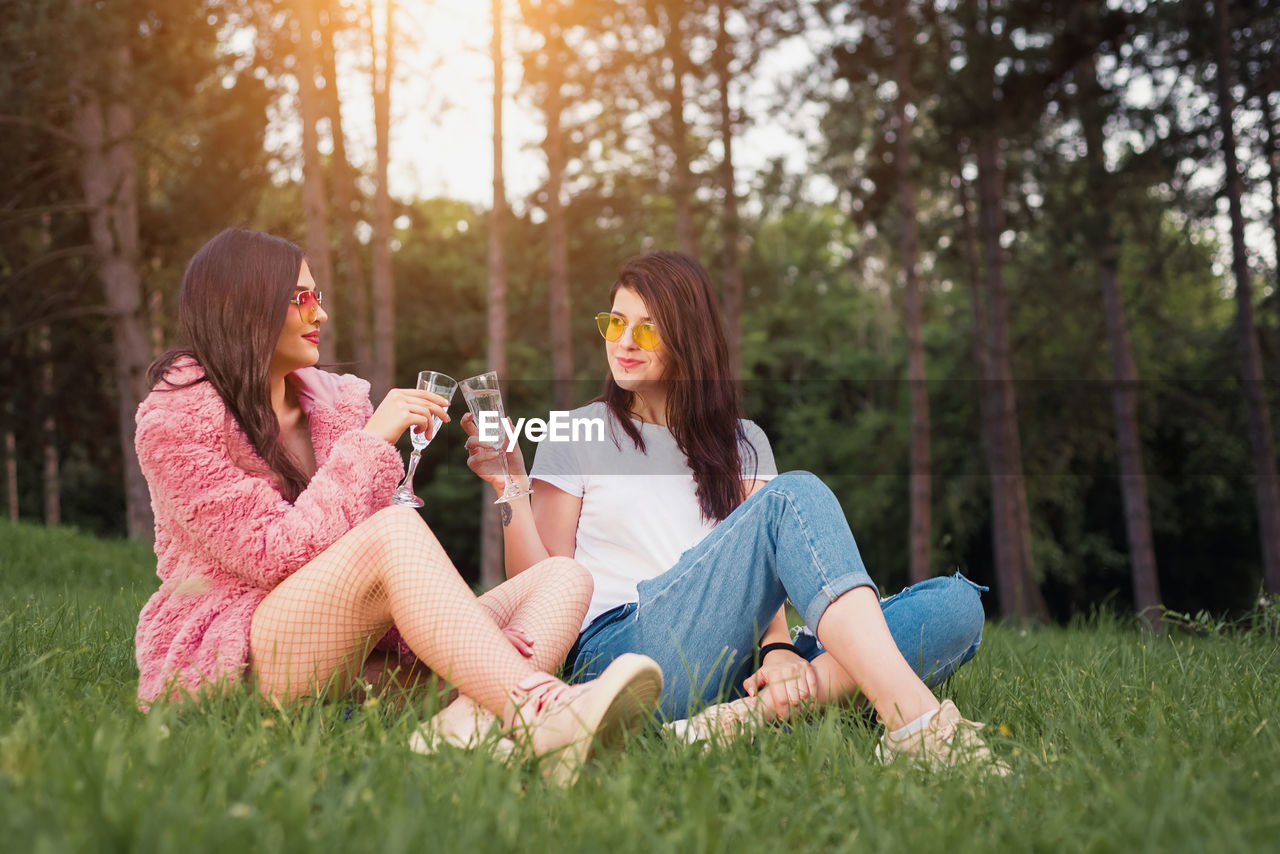 Female friends toasting champagne glasses while sitting at park