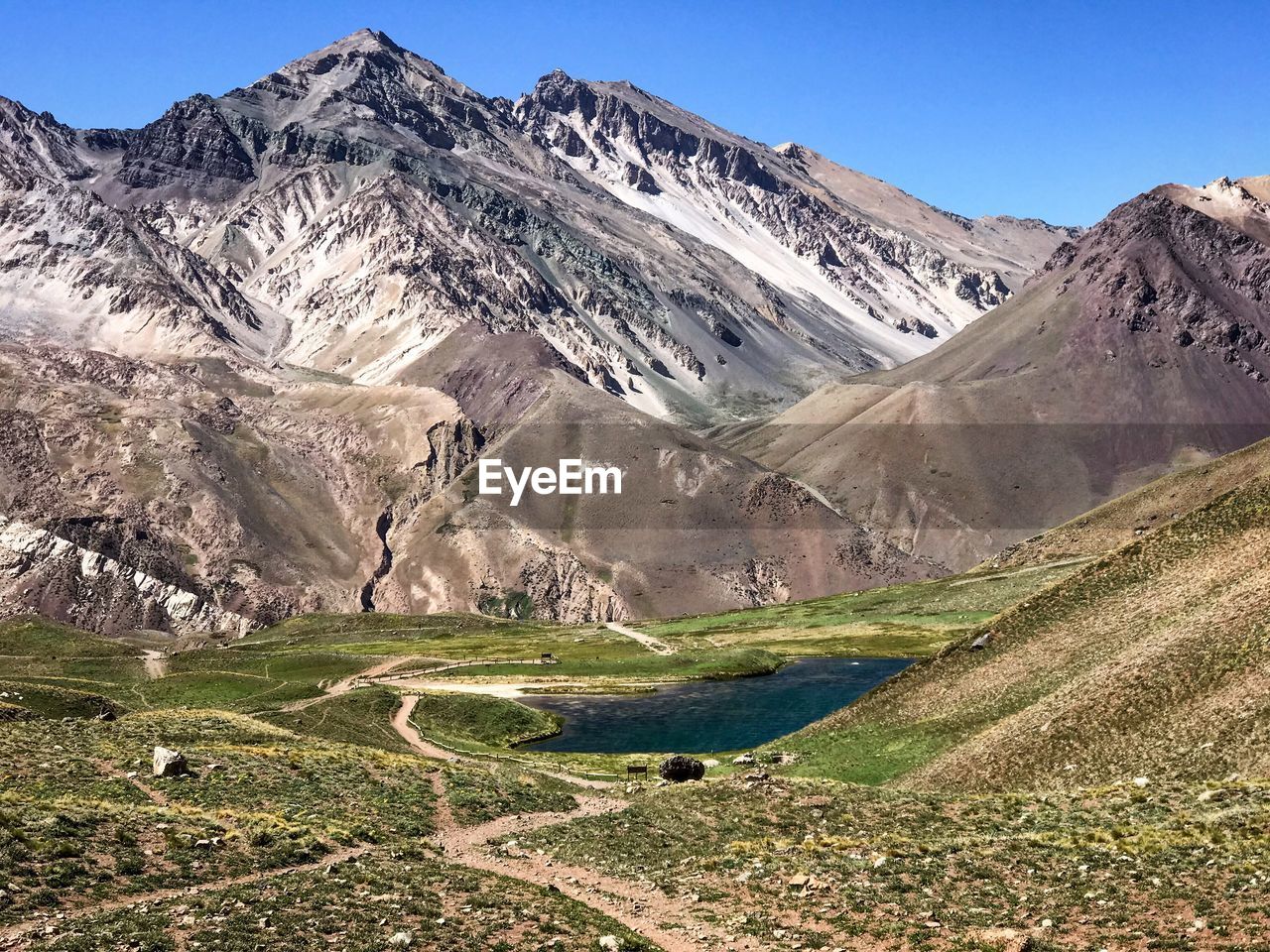 Scenic view of snowcapped mountains against clear sky