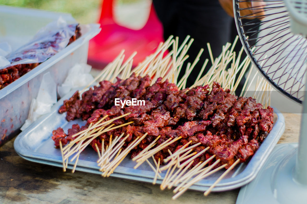 High angle view of satay on table