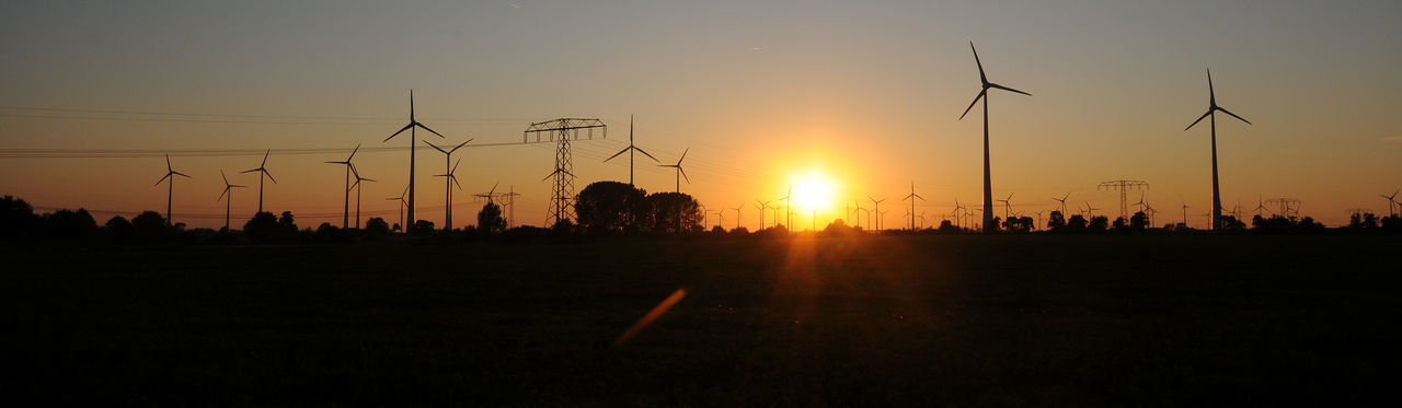 SILHOUETTE OF WIND TURBINES ON FIELD AGAINST SKY DURING SUNSET