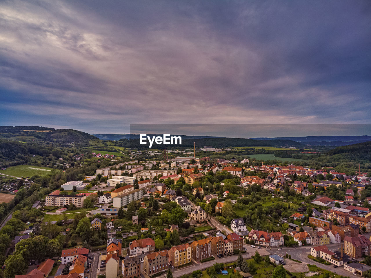 High angle shot of townscape against sky