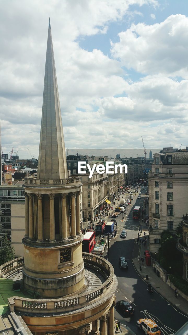 High section of broadcasting house against sky