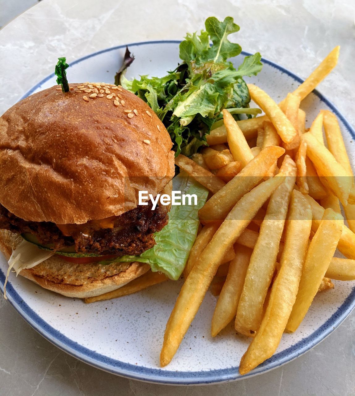 CLOSE-UP OF BURGER WITH MEAT AND FRIES