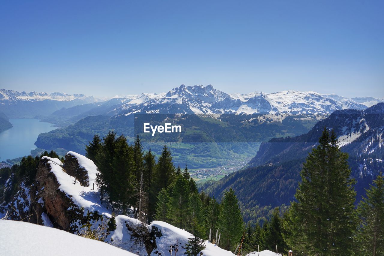 Scenic view of snowcapped mountains against clear sky