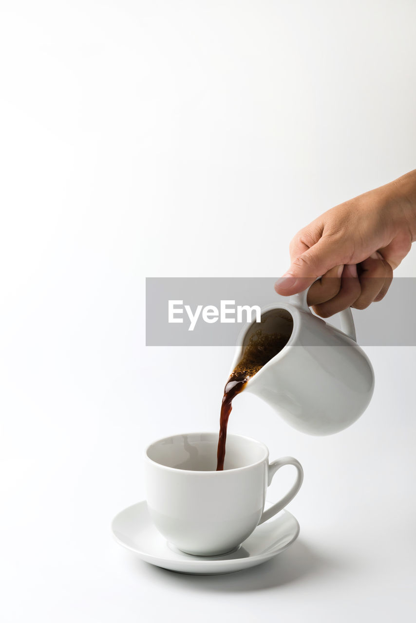HAND HOLDING COFFEE CUP OF WHITE BACKGROUND