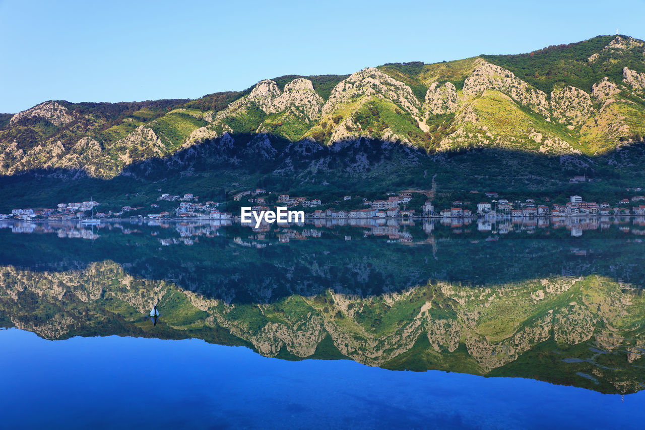 Scenic view of lake by mountains against clear blue sky