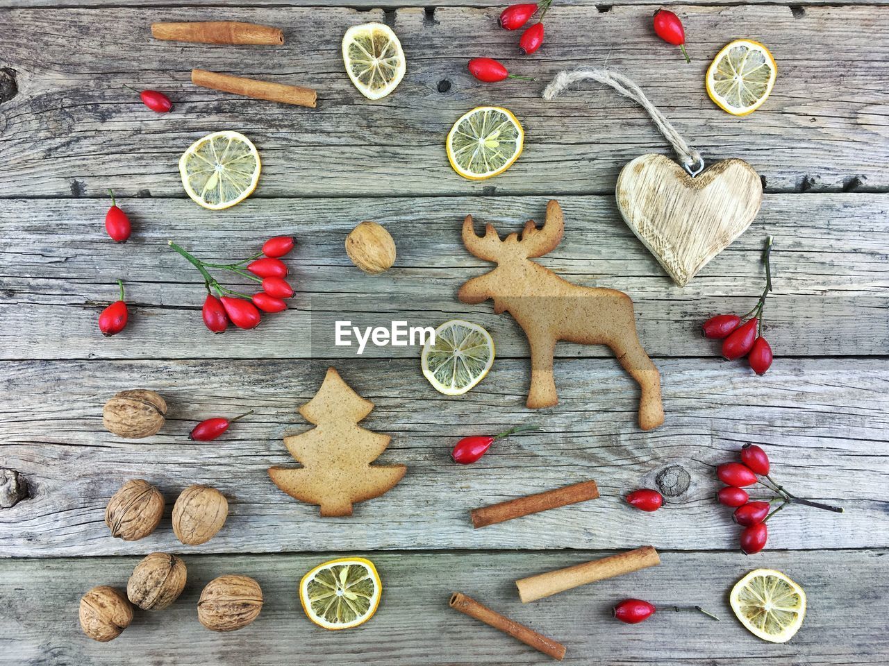 High angle view of food on wooden table during christmas