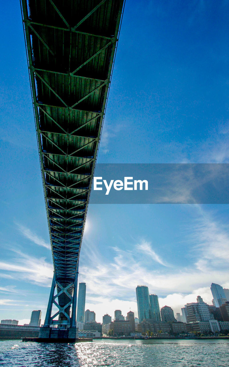 Low angle view of bay bridge over sea against sky in city