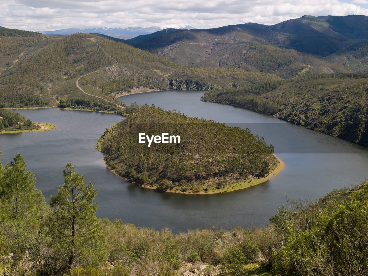 High angle view of lake and mountains