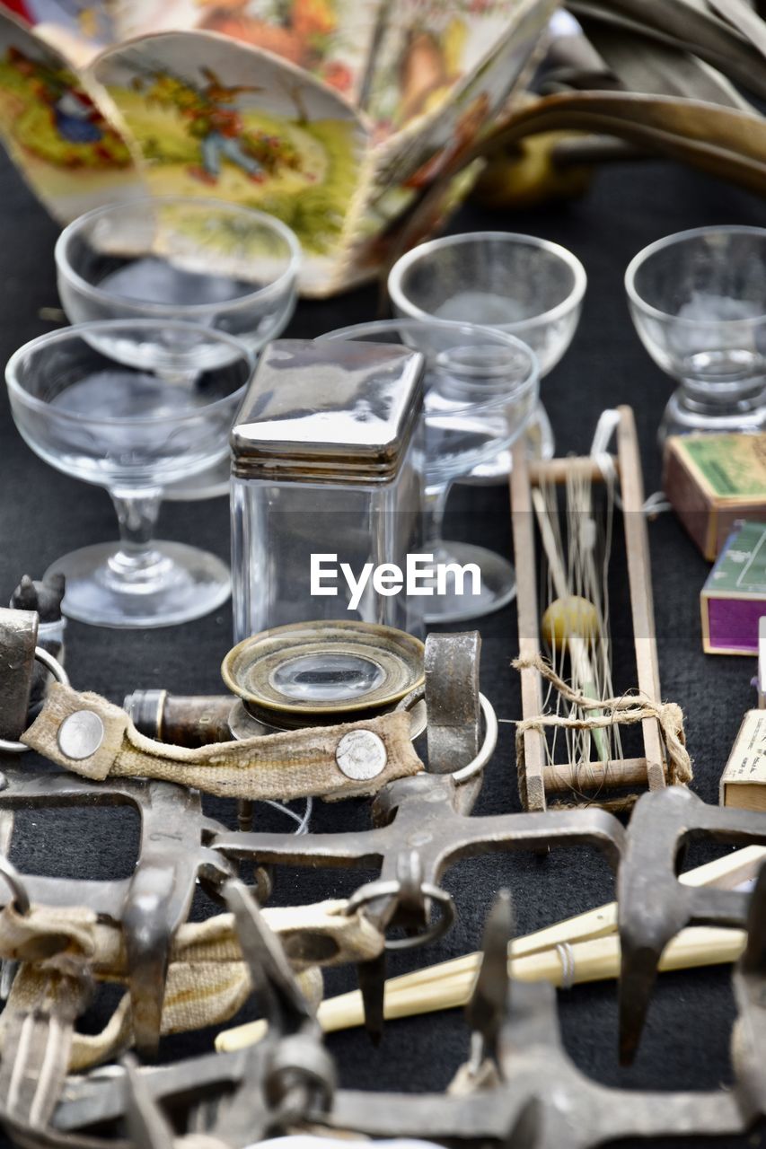 High angle view of goods on table on flea market 